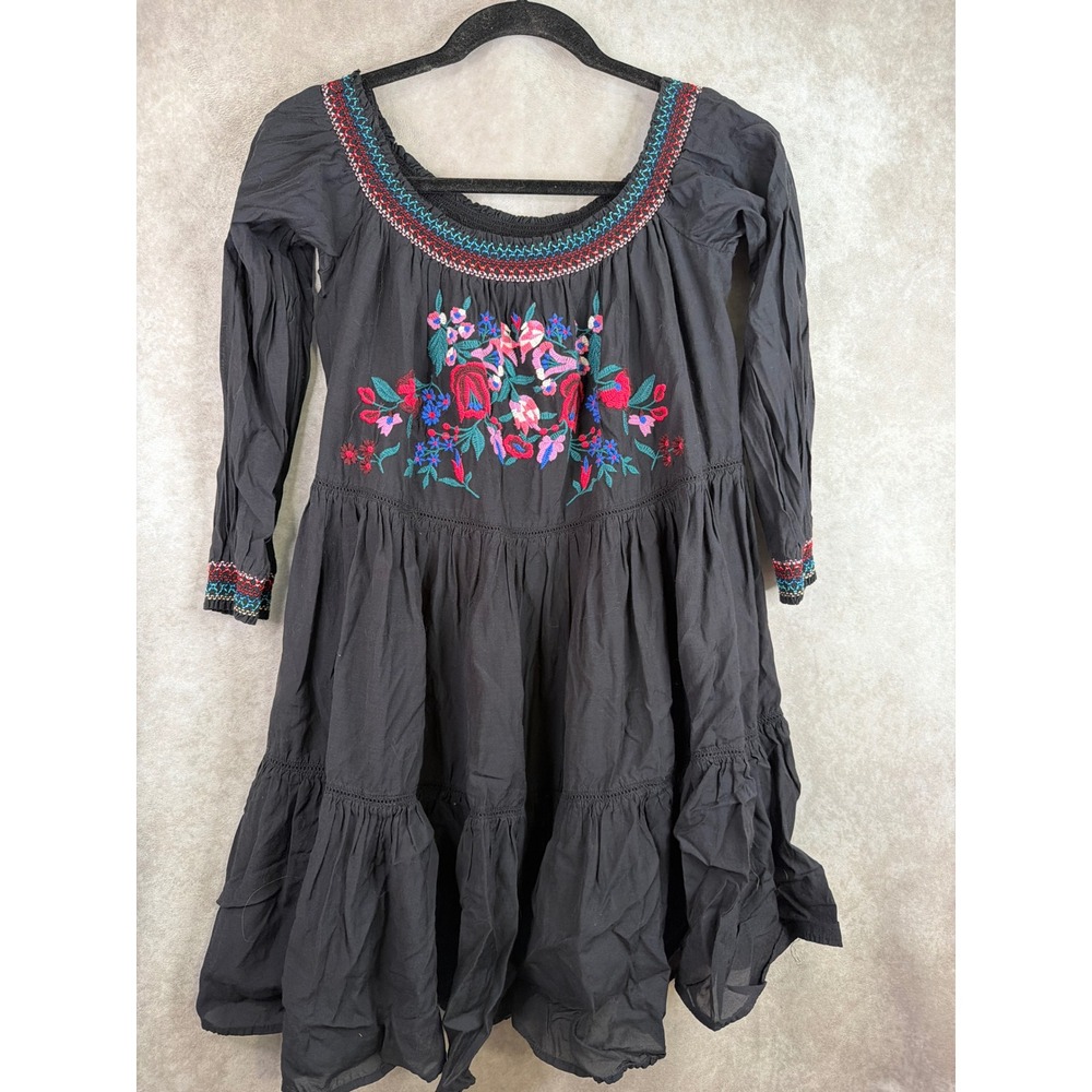 Free People Embroidered Mini Dress Womens L Black Boho Floral Smocked Tiered